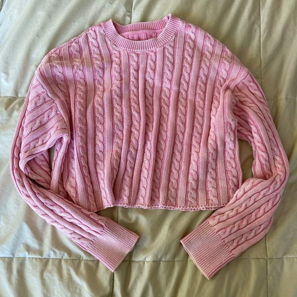 Aerie Pink Cable Knit Cropped Sweater